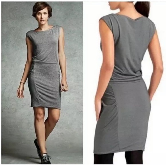 Athleta Dresses & Skirts - Athleta Westwood Dress Micro Stripe Ruched Bodycon Tencel Blend Black/White L